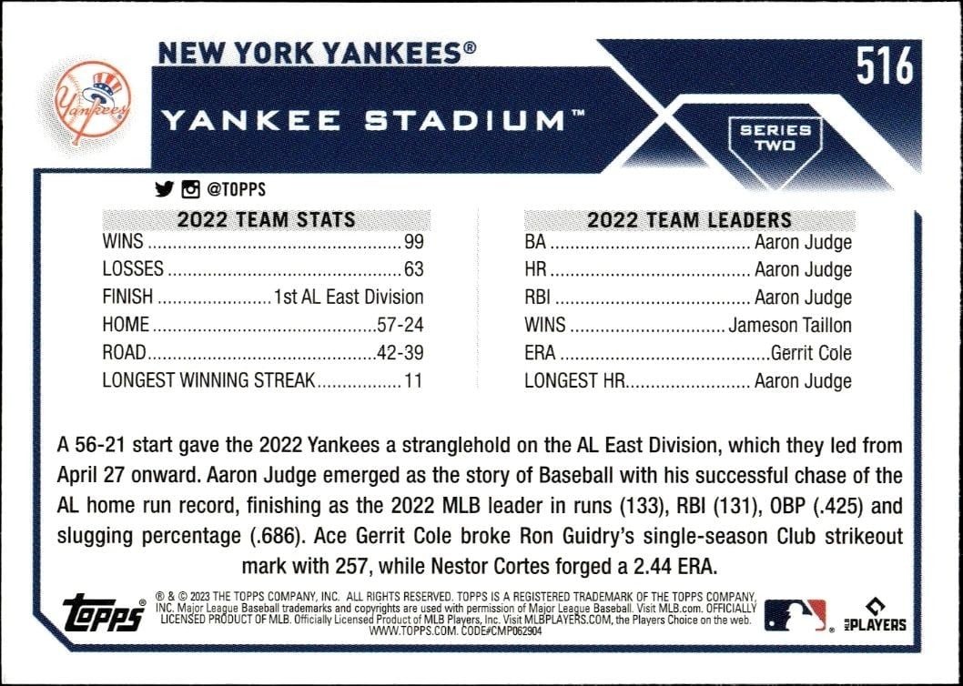 2023 Topps Series 2 New York Yankees #516 baseball trading card back