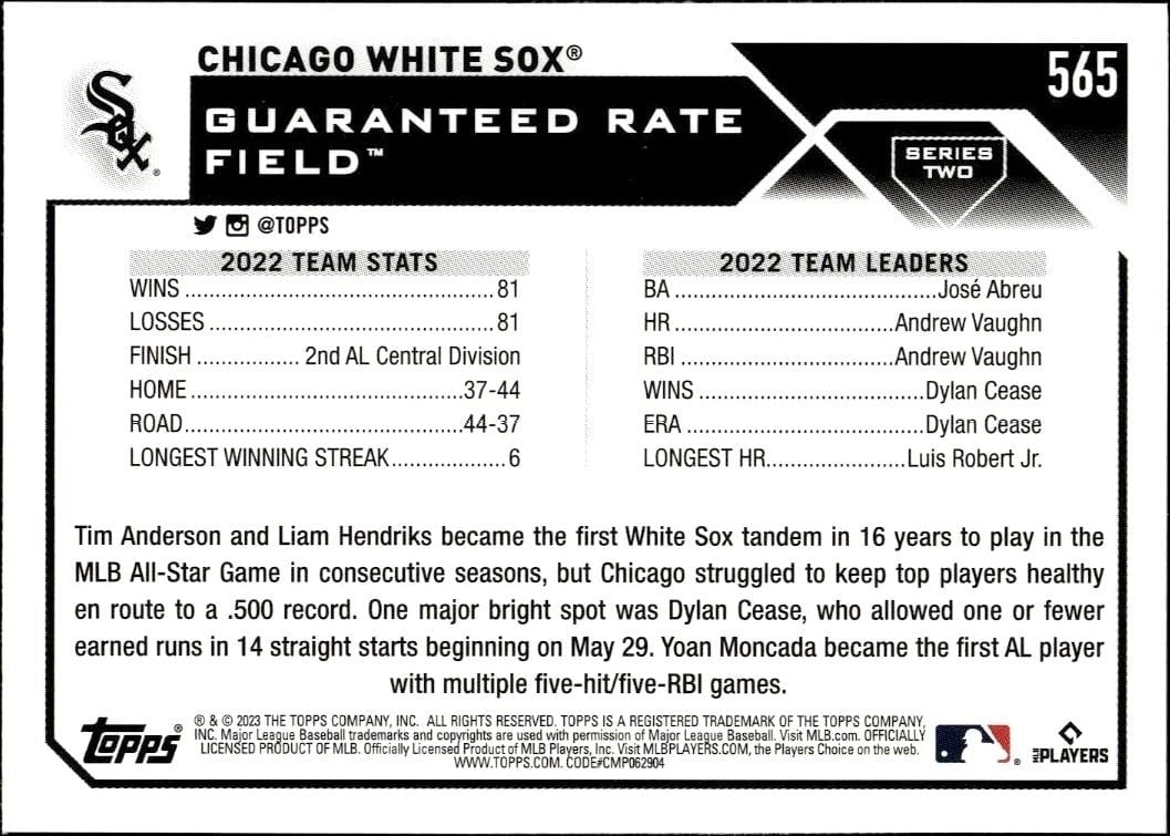 2023 Topps Series 2 Chicago White Sox #565 baseball trading card back