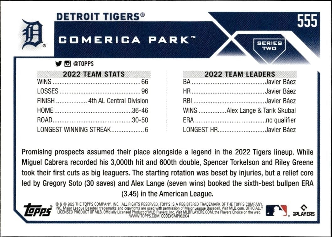 2023 Topps Series 2 Detroit Tigers #555 baseball trading card back