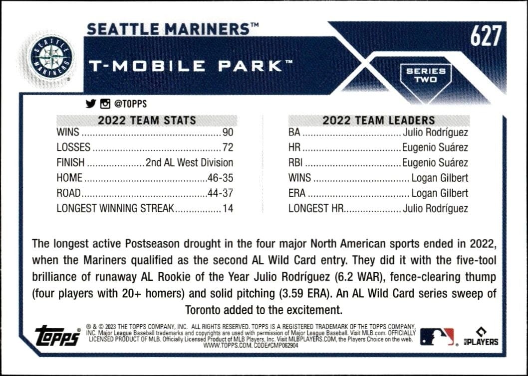 2023 Topps Series 2 Seattle Mariners #627 baseball trading card back
