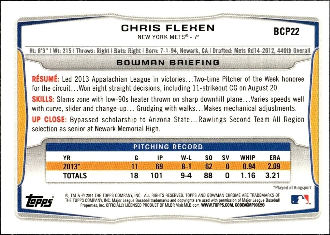 2014 Bowman Chrome Chris Flexen #BCP22 baseball trading card back