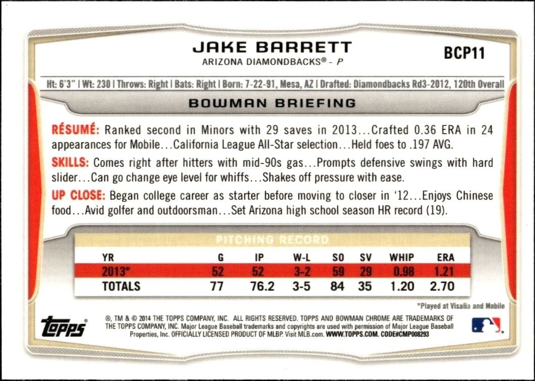 2014 Bowman Chrome Jake Barrett #BCP11 baseball trading card back