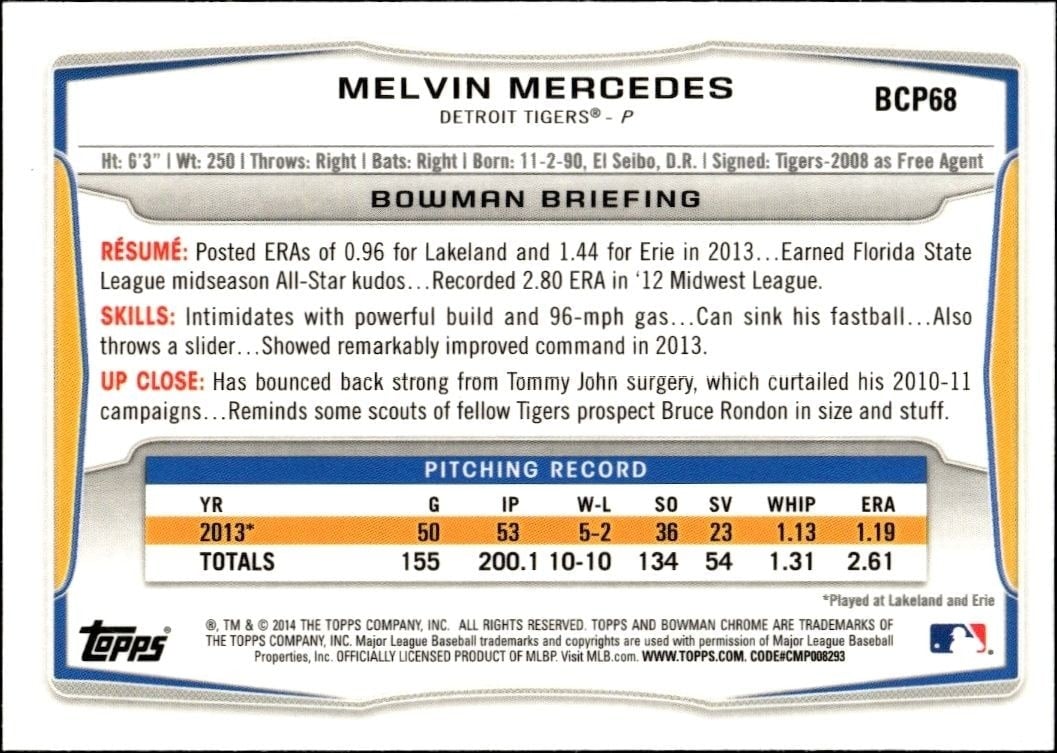 2014 Bowman Chrome Melvin Mercedes #BCP68 baseball trading card back