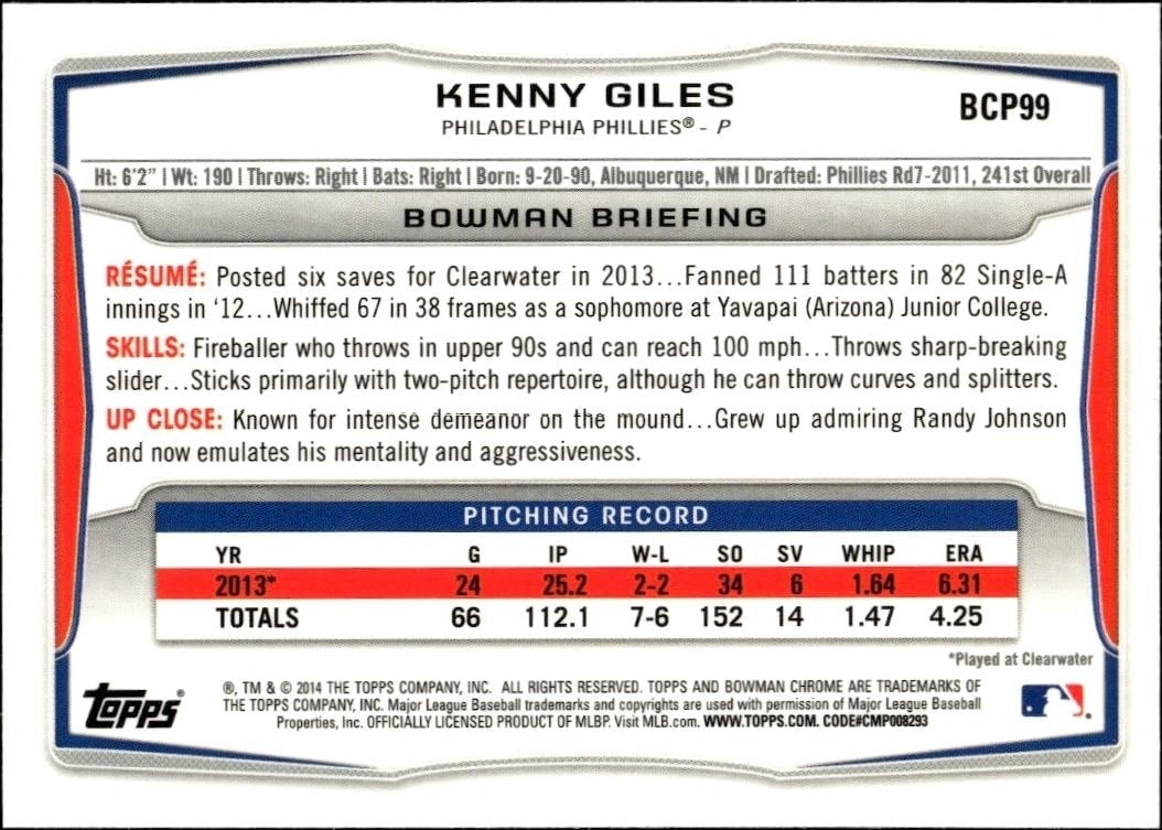 2014 Bowman Chrome Kenny Giles #BCP99 baseball trading card back