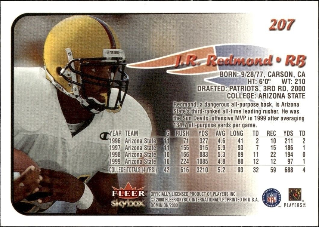 2000 Skybox Dominion J.R. Redmond #207 football trading card back