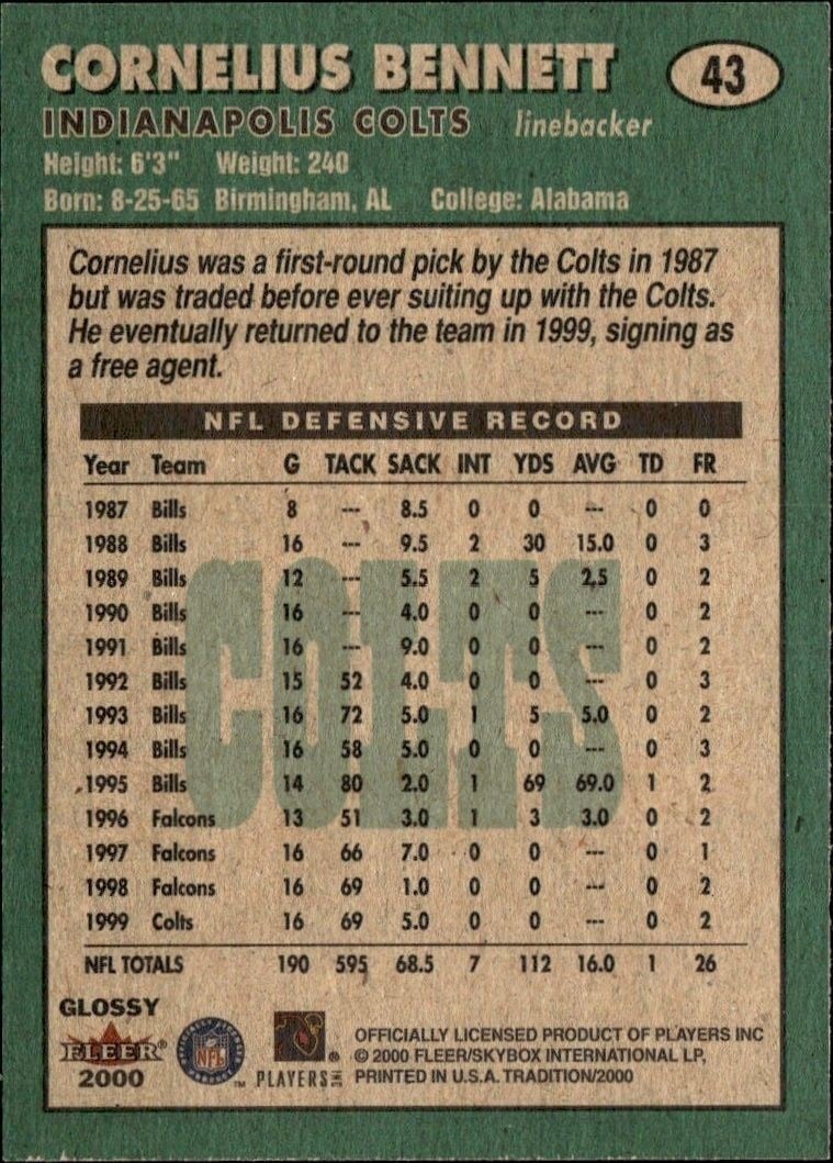 2000 Fleer Tradition Glossy Cornelius Bennett #43 football trading card back