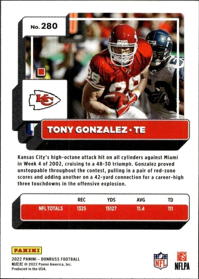 2022 Panini Donruss Tony Gonzalez #280 football trading card back