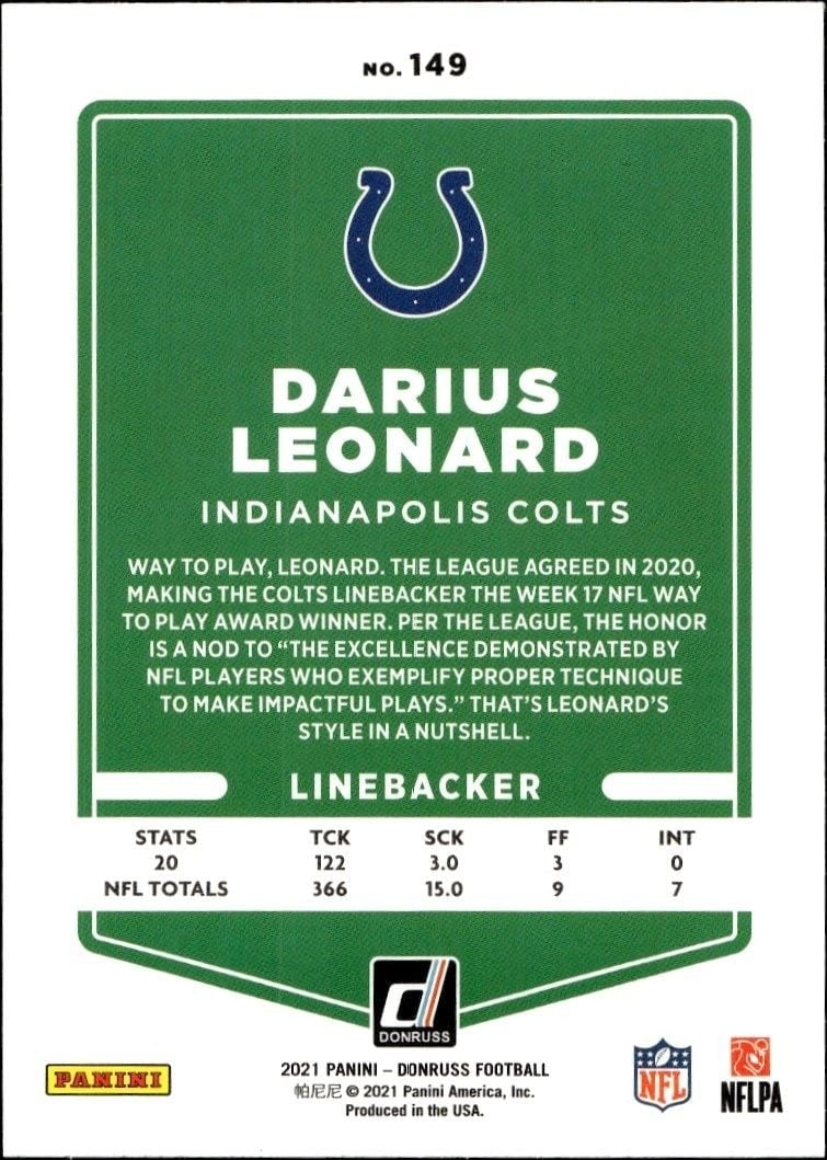 2021 Panini Donruss Darius Leonard #149B football trading card back