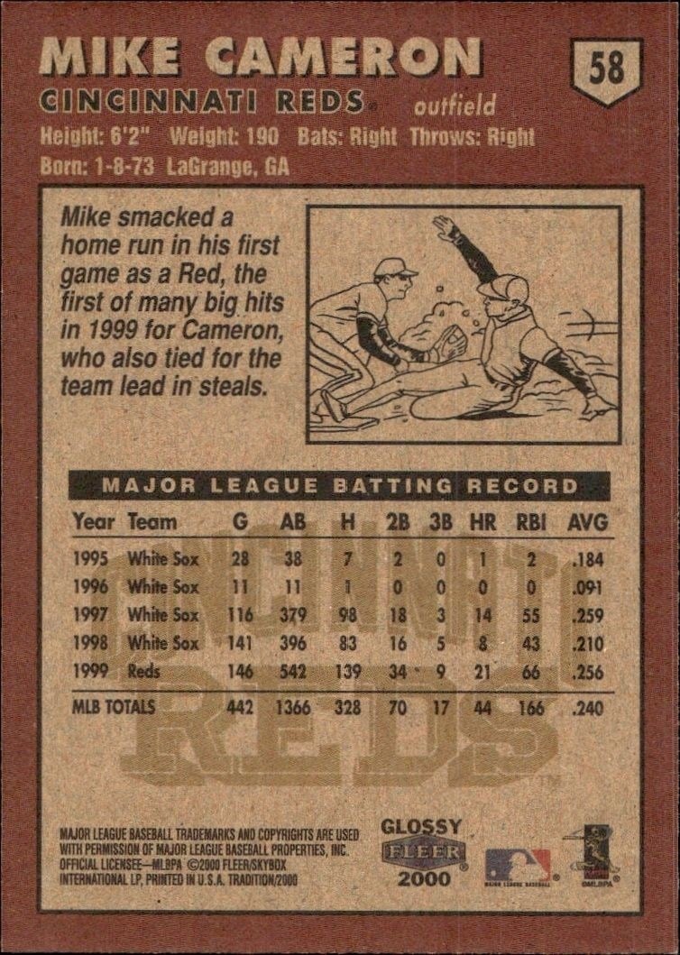 2000 Fleer Tradition Glossy Mike Cameron #58 baseball trading card back