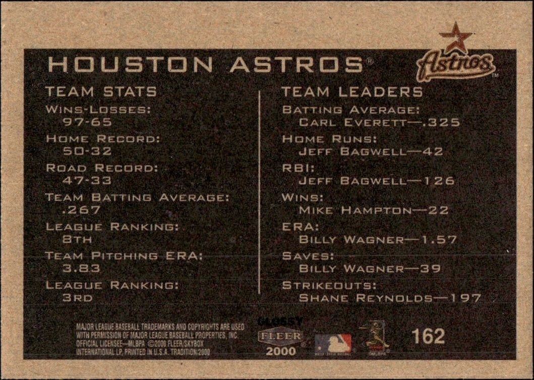 2000 Fleer Tradition Glossy Houston Astros #162 baseball trading card back