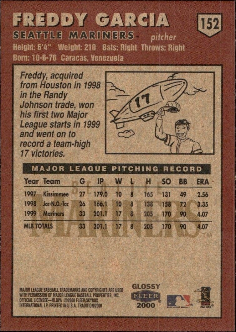 2000 Fleer Tradition Glossy Freddy Adrian Garcia #152 baseball trading card back