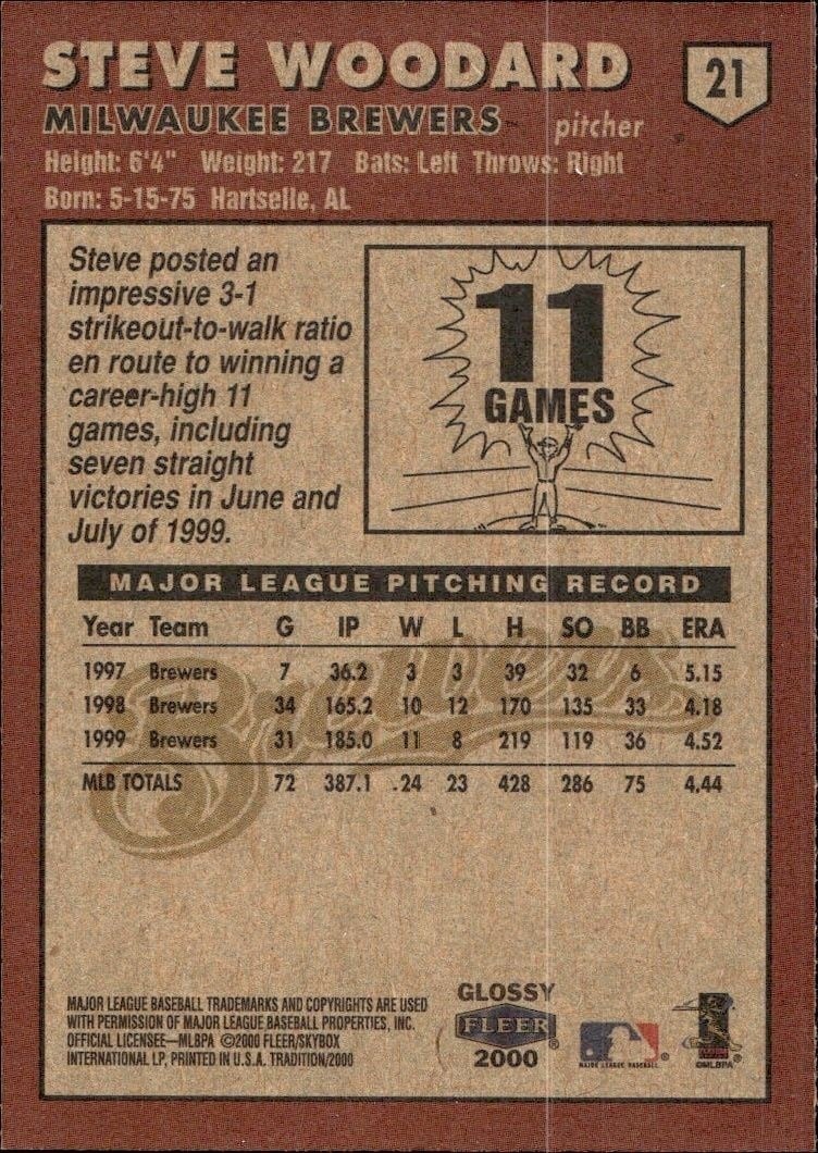 2000 Fleer Tradition Glossy Steve Woodard #21 baseball trading card back