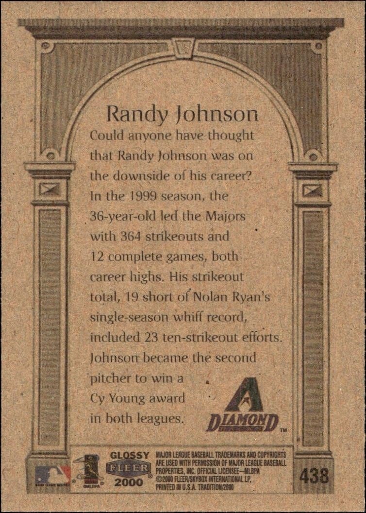 2000 Fleer Tradition Glossy Randy Johnson #438 baseball trading card back