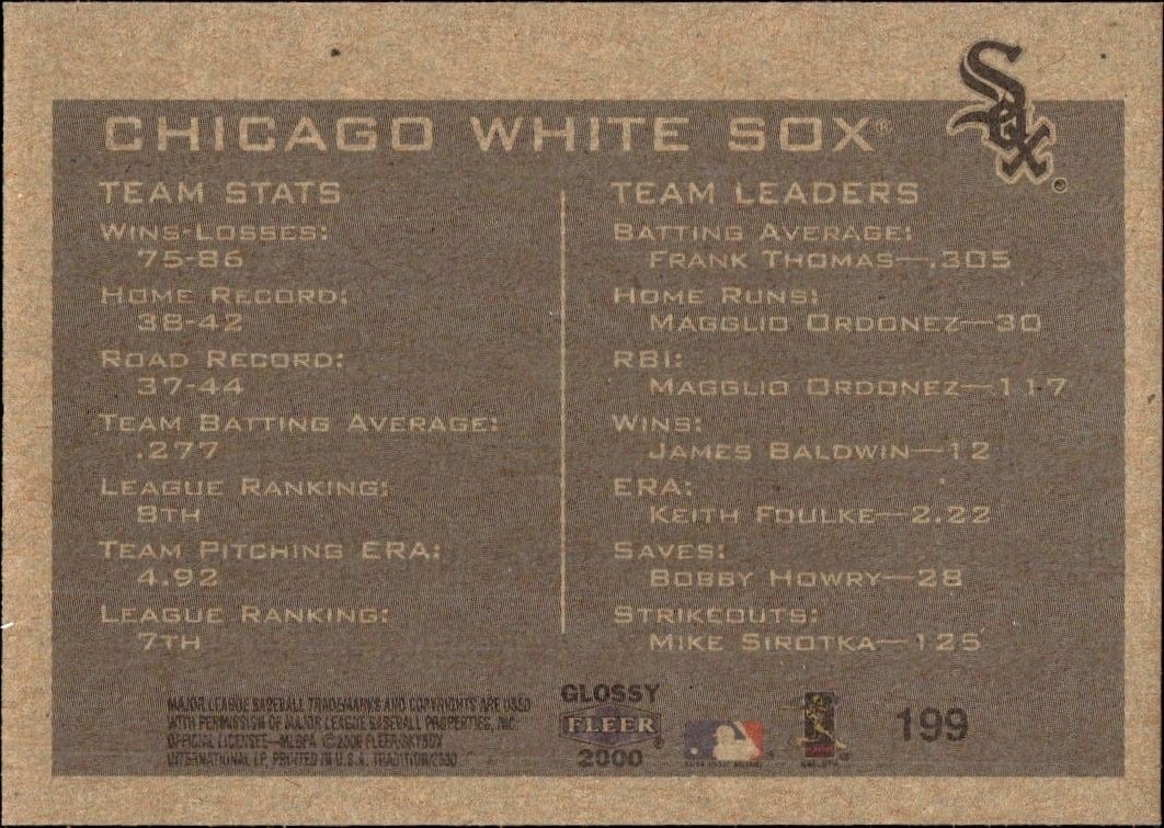 2000 Fleer Tradition Glossy Chicago White Sox #199 baseball trading card back