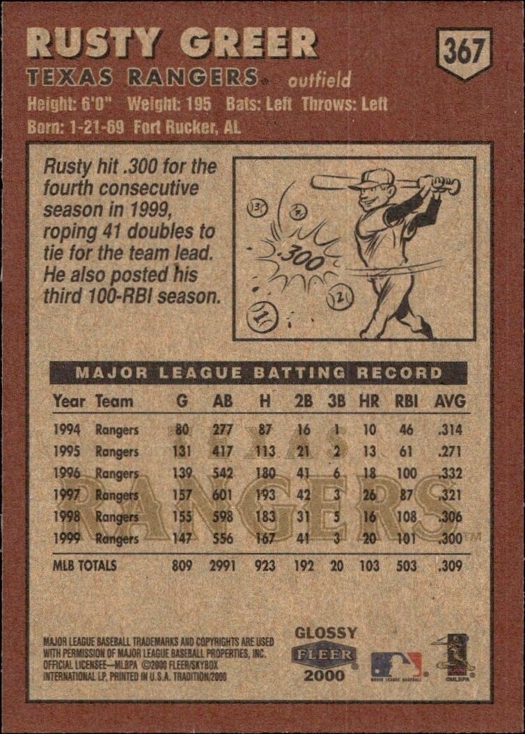 2000 Fleer Tradition Glossy Rusty Greer #367 baseball trading card back