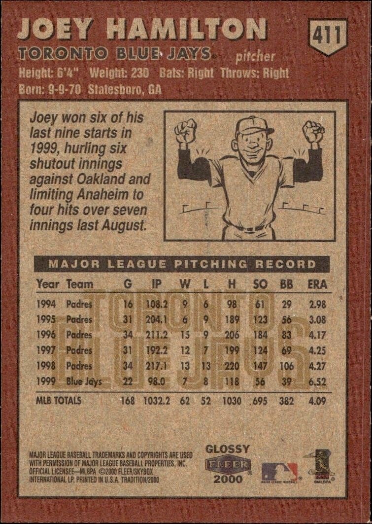 2000 Fleer Tradition Glossy Joey Hamilton #411 baseball trading card back