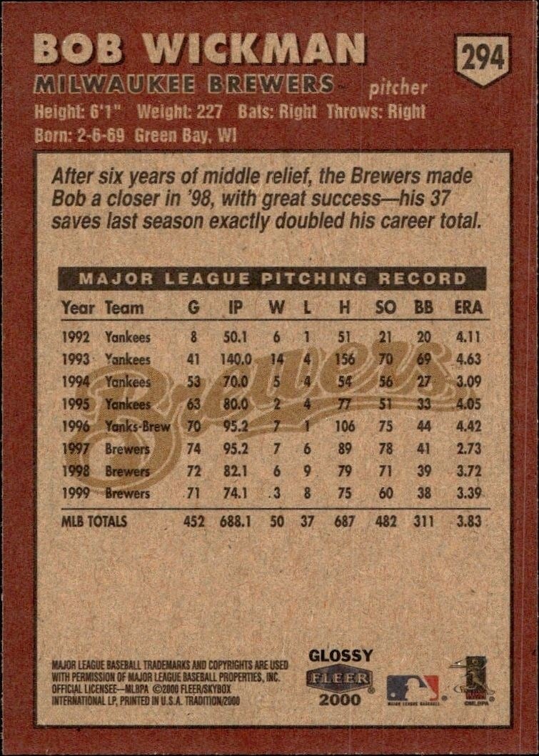 2000 Fleer Tradition Glossy Bob Wickman #294 baseball trading card back