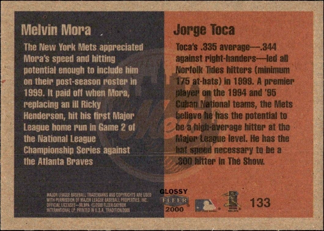 2000 Fleer Tradition Glossy Melvin Mora #133 baseball trading card back