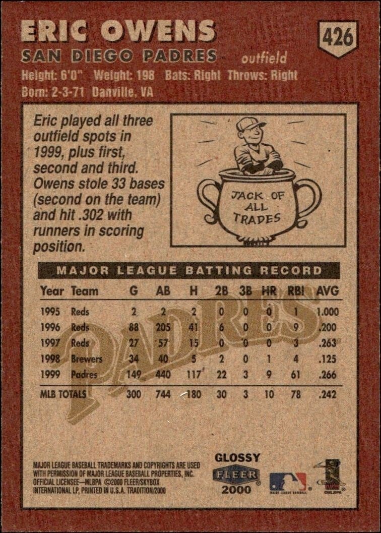 2000 Fleer Tradition Glossy Eric Owens #426 baseball trading card back