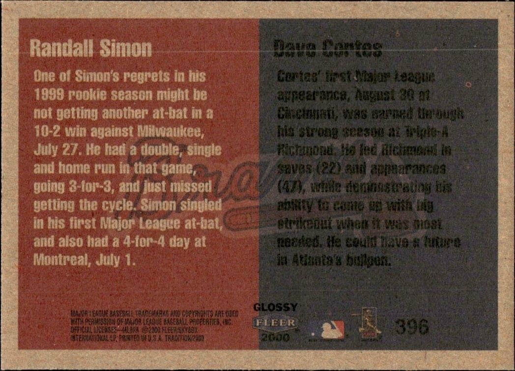 2000 Fleer Tradition Glossy Randall Simon #396 baseball trading card back