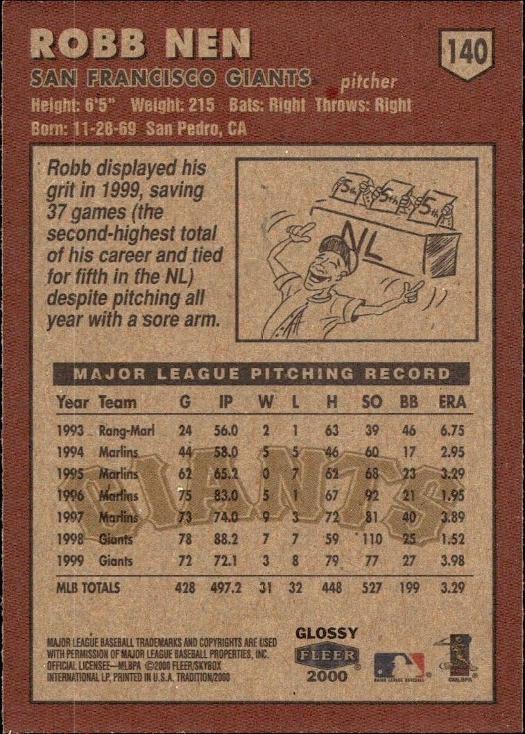 2000 Fleer Tradition Glossy Robb Nen #140 baseball trading card back
