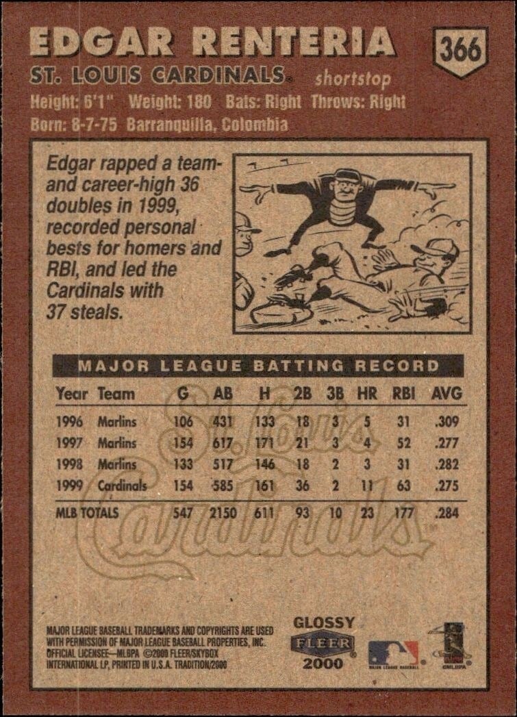 2000 Fleer Tradition Glossy Edgar Renteria #366 baseball trading card back