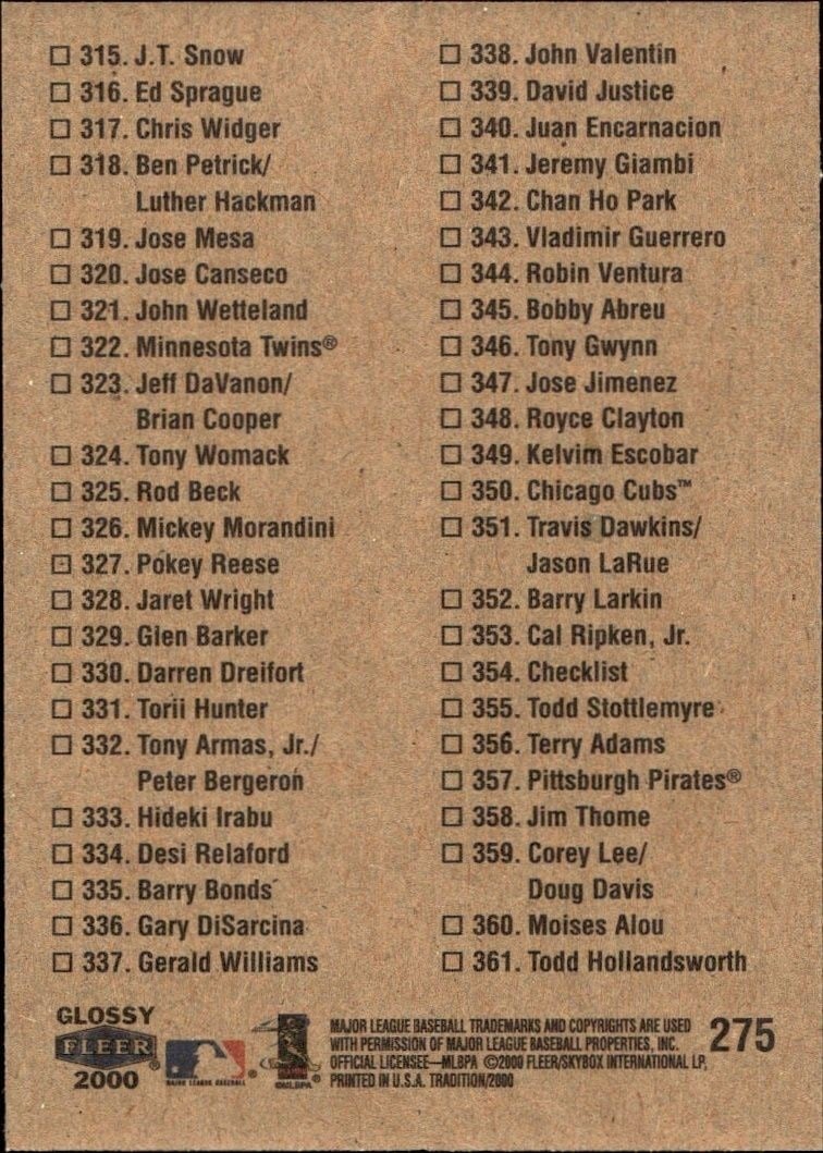 2000 Fleer Tradition Glossy Checklist #275 baseball trading card back