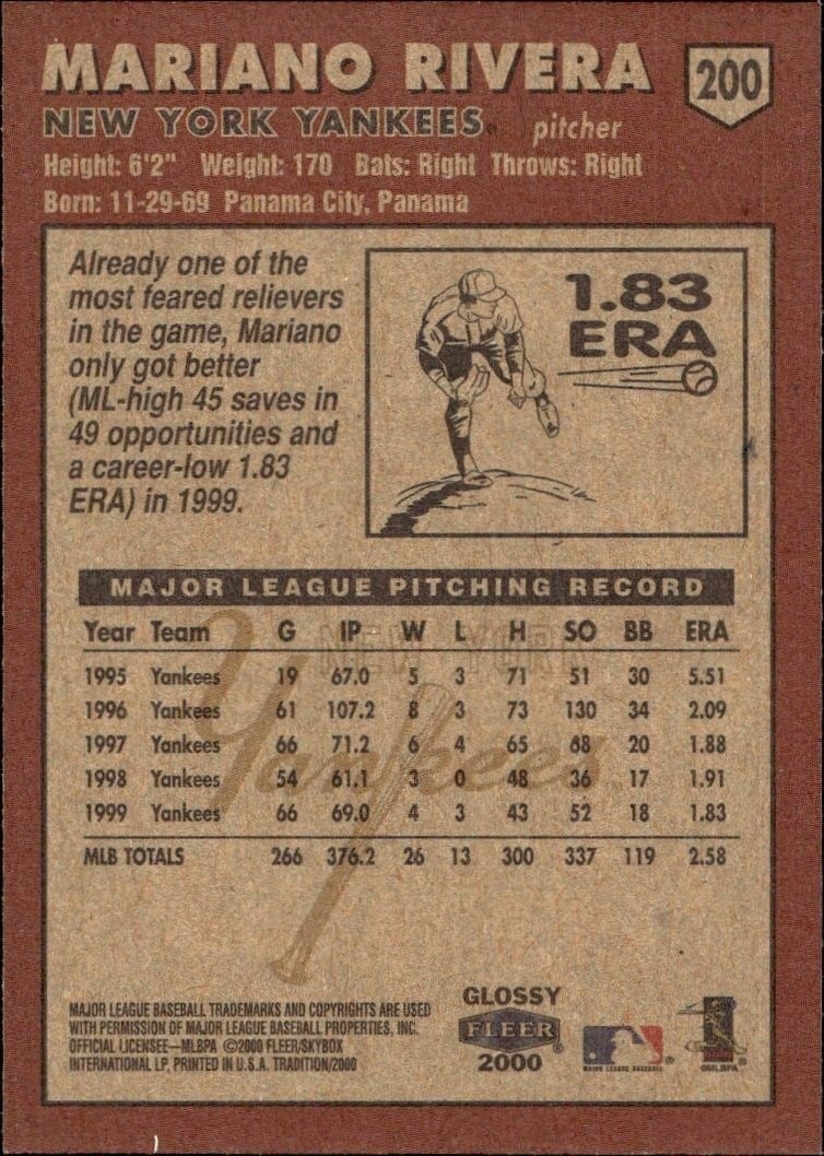 2000 Fleer Tradition Glossy Mariano Rivera #200 baseball trading card back
