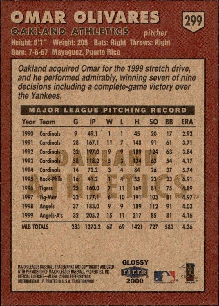2000 Fleer Tradition Glossy Omar Olivares #299 baseball trading card back