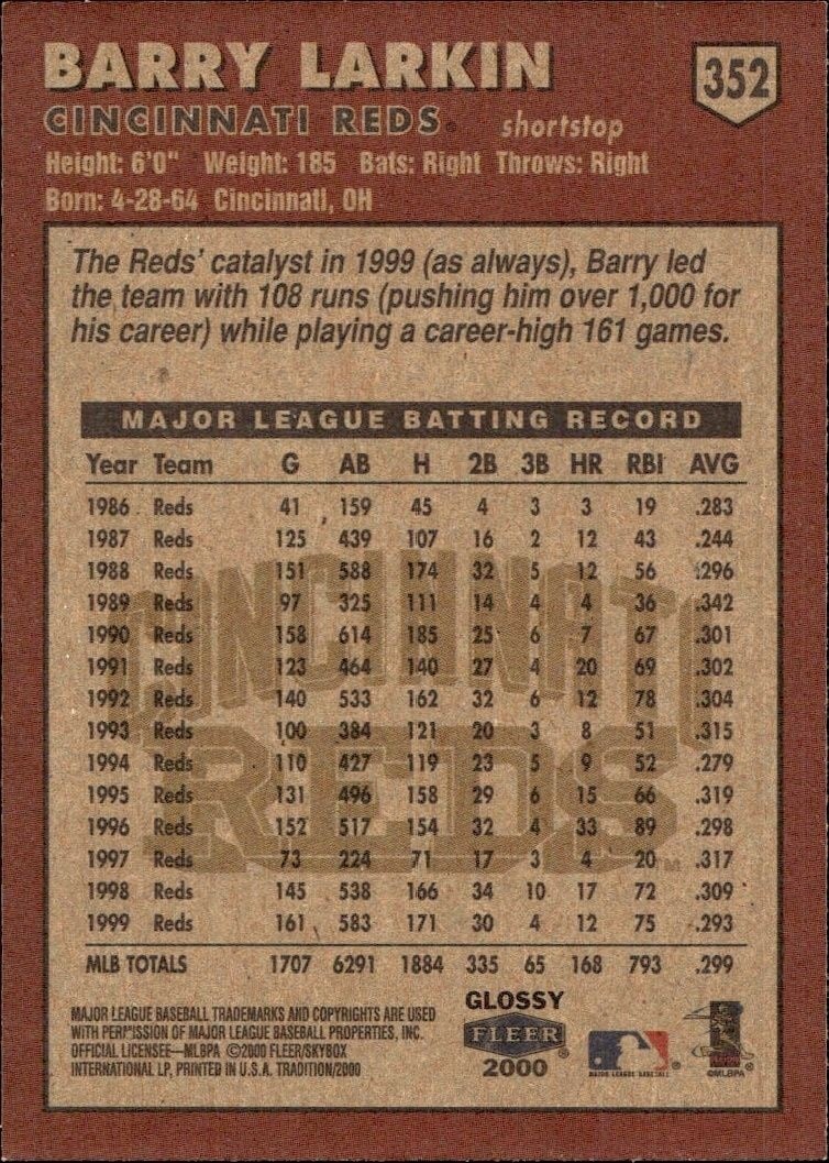 2000 Fleer Tradition Glossy Barry Larkin #352 baseball trading card back