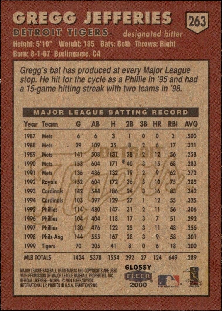 2000 Fleer Tradition Glossy Gregg Jefferies #263 baseball trading card back