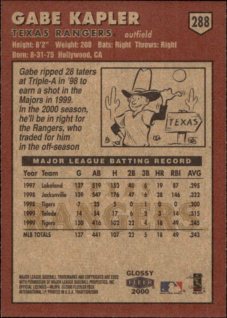 2000 Fleer Tradition Glossy Gabe Kapler #288 baseball trading card back