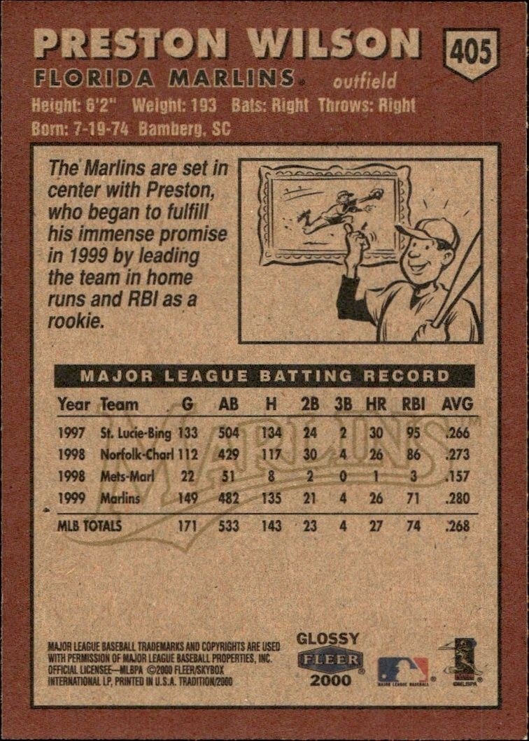 2000 Fleer Tradition Glossy Preston Wilson #405 baseball trading card back