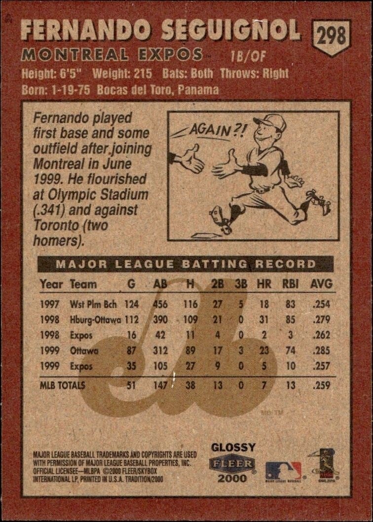 2000 Fleer Tradition Glossy Fernando Seguignol #298 baseball trading card back