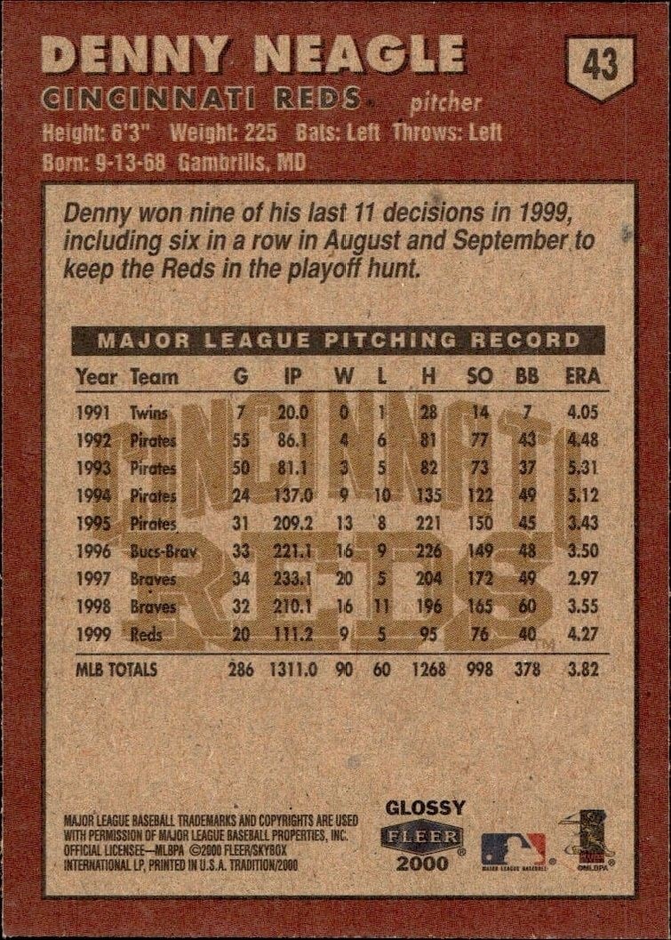 2000 Fleer Tradition Glossy Denny Neagle #43 baseball trading card back