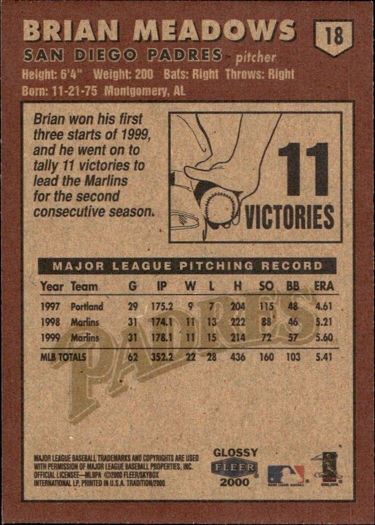 2000 Fleer Tradition Glossy Brian Meadows #18 baseball trading card back