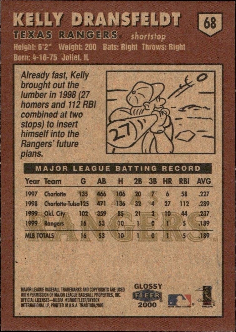 2000 Fleer Tradition Glossy Kelly Dransfeldt #68 baseball trading card back
