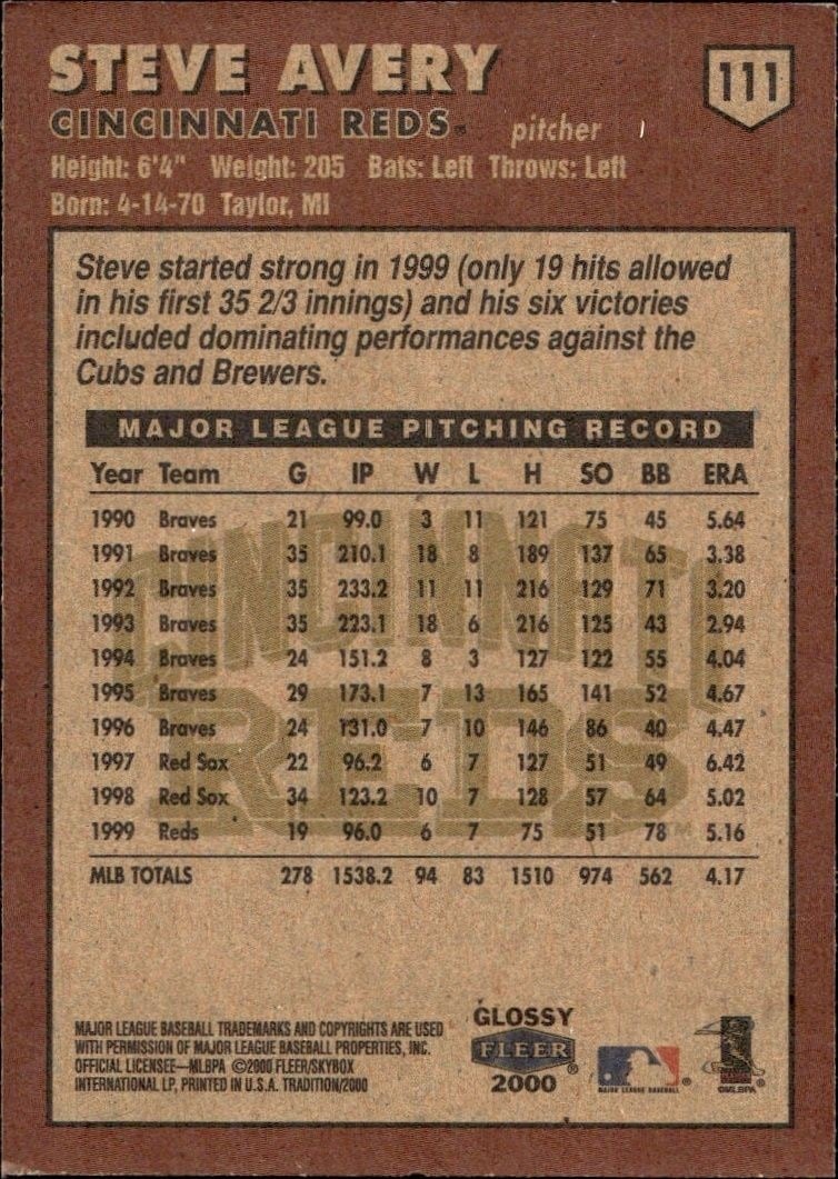 2000 Fleer Tradition Glossy Steve Avery #111 baseball trading card back
