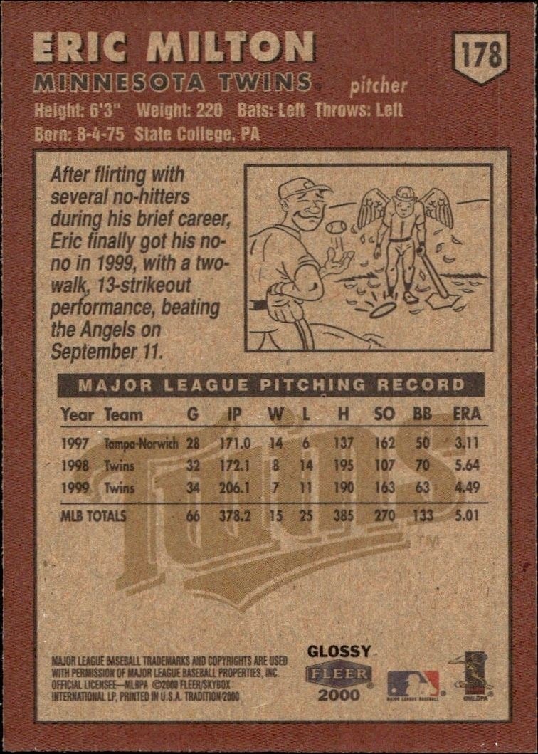 2000 Fleer Tradition Glossy Eric Milton #178 baseball trading card back