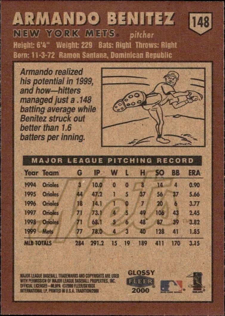 2000 Fleer Tradition Glossy Armando Benitez #148 baseball trading card back