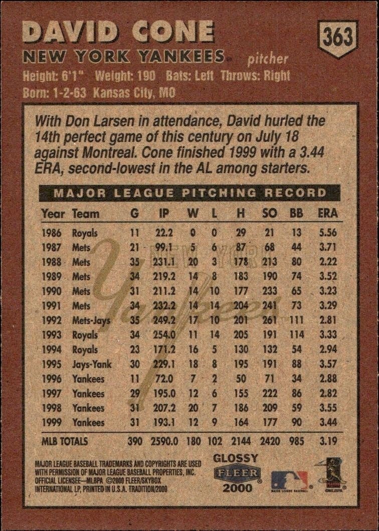 2000 Fleer Tradition Glossy David Cone #363 baseball trading card back
