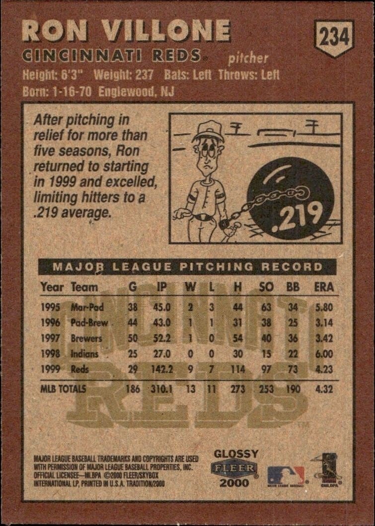2000 Fleer Tradition Glossy Ron Villone #234 baseball trading card back