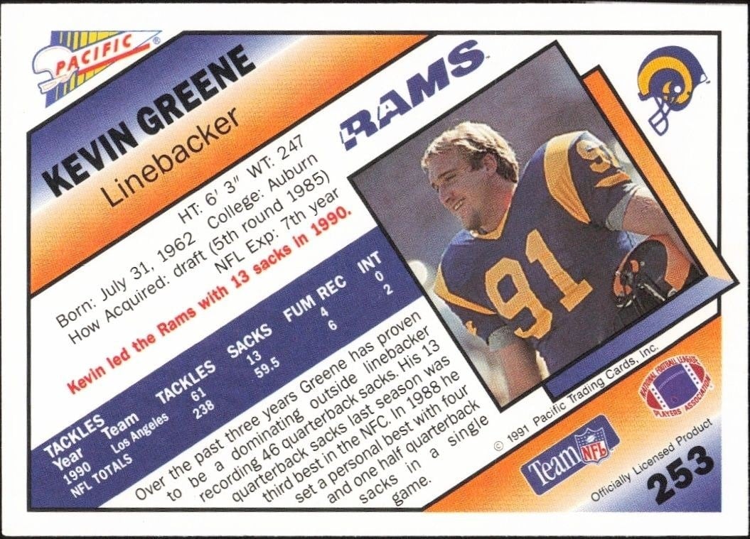 1991 Pacific Kevin Greene #253 football trading card back
