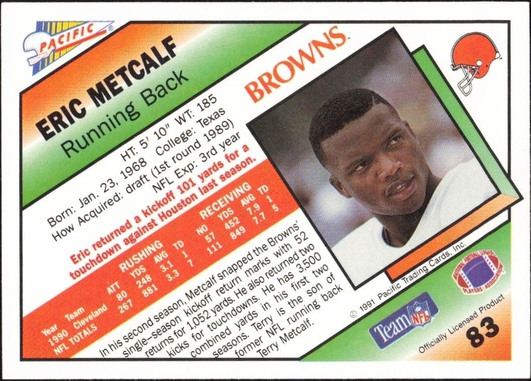 1991 Pacific Eric Metcalf #83 football trading card back