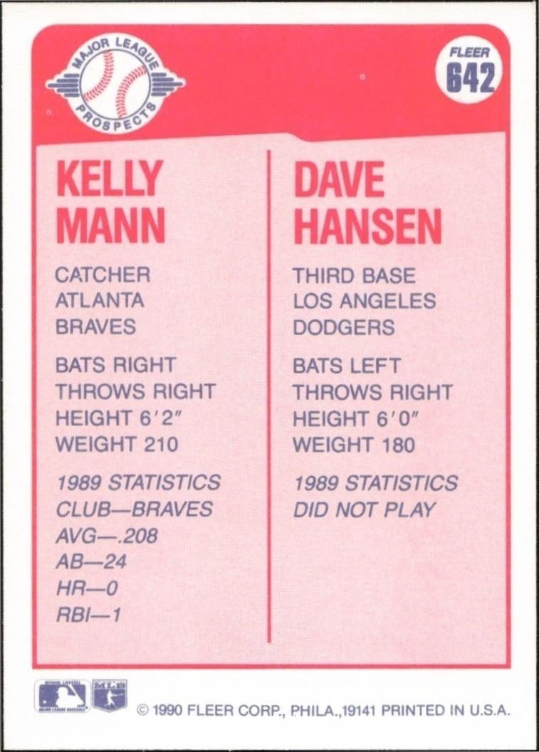 1990 Fleer Kelly Mann #642 baseball trading card back