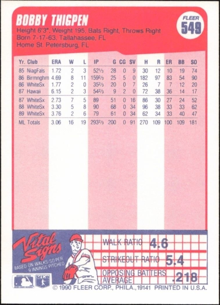 1990 Fleer Bobby Thigpen #549 baseball trading card back
