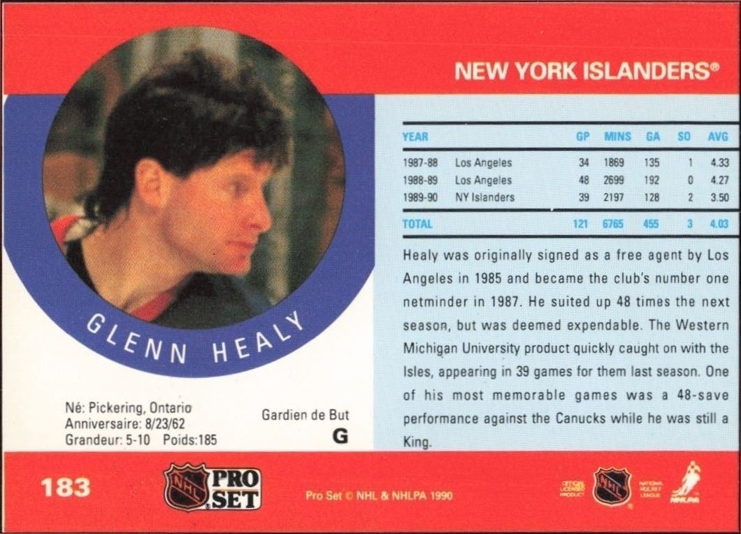 1990-91 Pro Set Glenn Healy #183 hockey trading card back