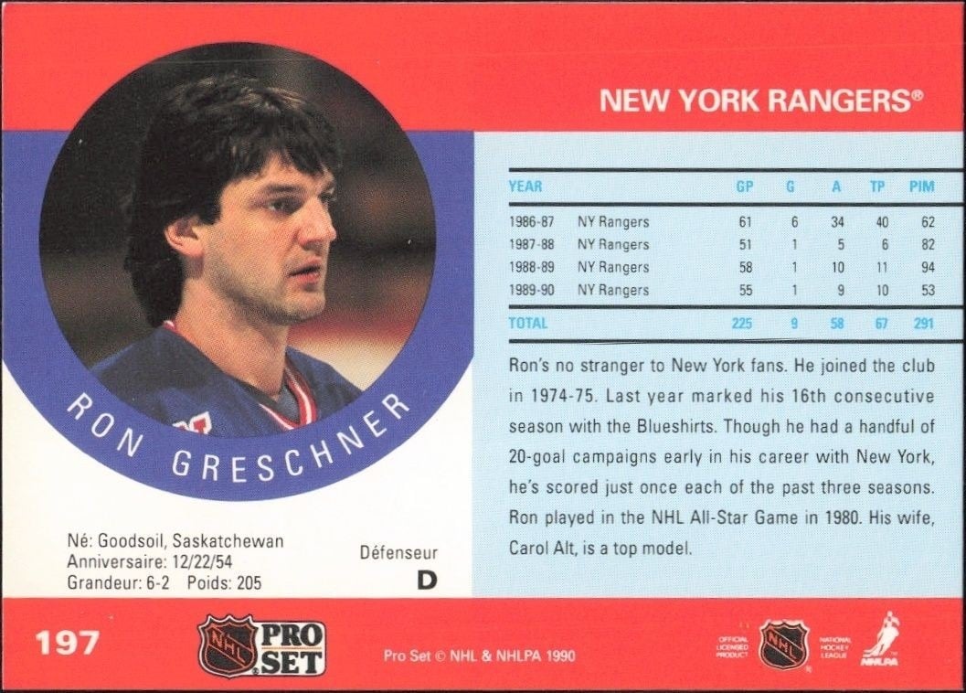 1990-91 Pro Set Ron Greschner #197 hockey trading card back