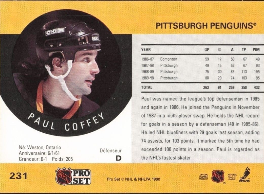 1990-91 Pro Set Paul Coffey #231 hockey trading card back