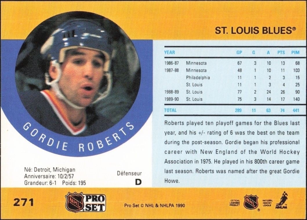 1990-91 Pro Set Gordie Roberts #271 hockey trading card back